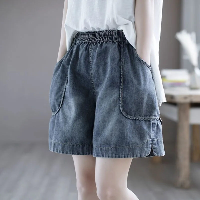 

Women's 2024 Spring Summer New Commuting Minimalist Elastic High Waist Solid Color Spliced Pocket Loose A-line Short Five Jeans