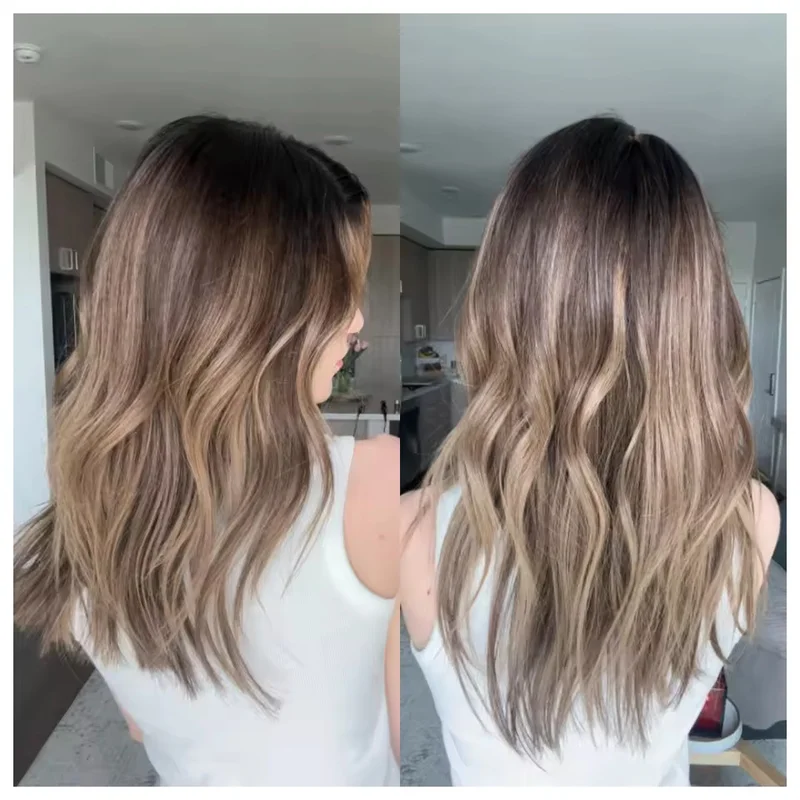 Balayage Dark Roots Honey Blonde Highlight Wave Human Hair Lace Front Wigs