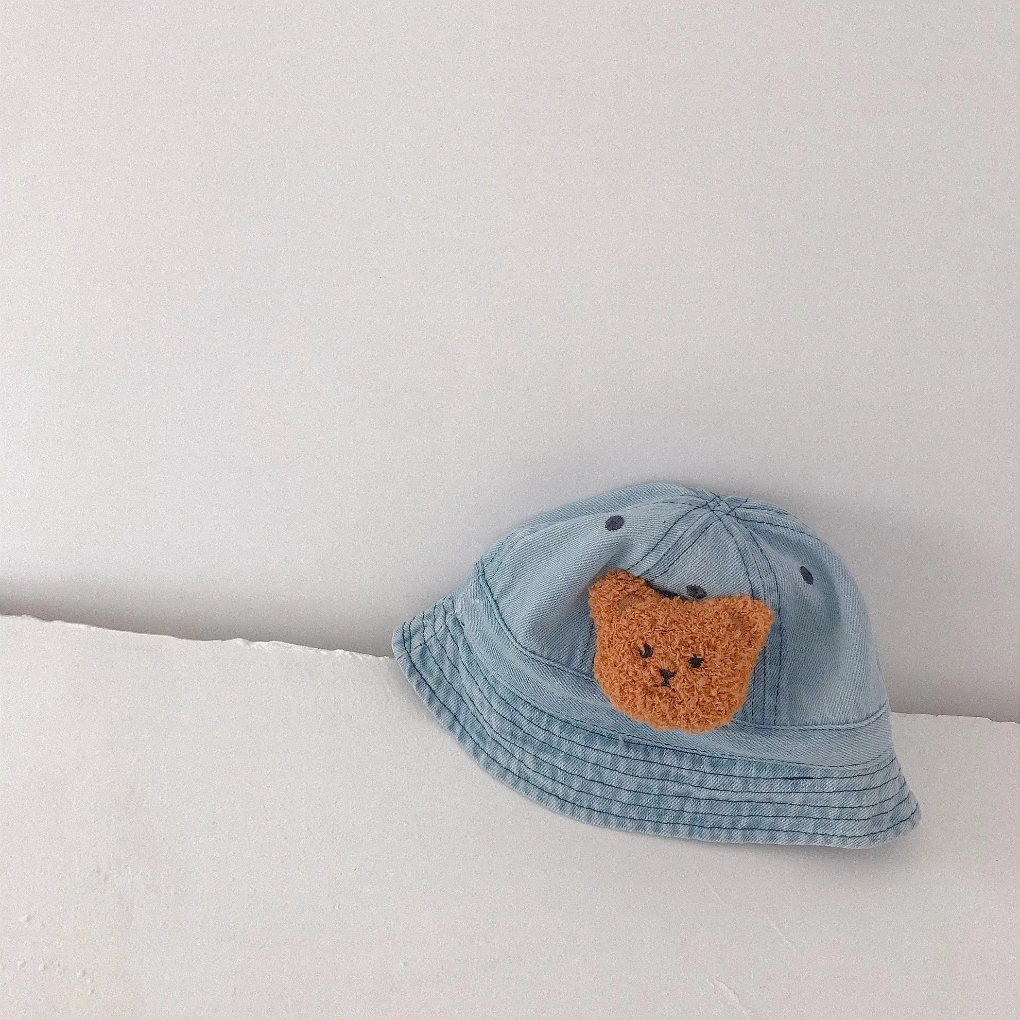 Autumn Toddler Baby Denim Bucket Cap Cartoon Bear Boys Girls Fisherman Hat Solid Windproof Foldable Kids Sunshade Hat