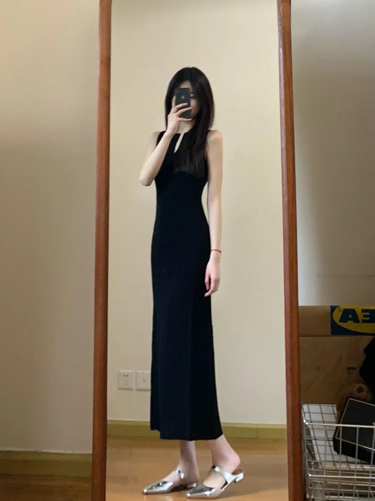 

Женский вязаный жилет Ele Bla Svel с высокой талией, базовый слой, длинный, летний, новый, для повседневной носки, корейская версия, А-силуэт