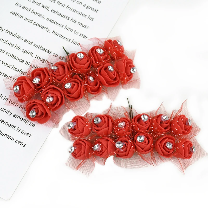 

2cm Lace PE Rose Flower Head Foam Flower with Yarn 144Pcs Artificial Mini Rose Flower Head with Diamond DIY Wreath Wedding Decor