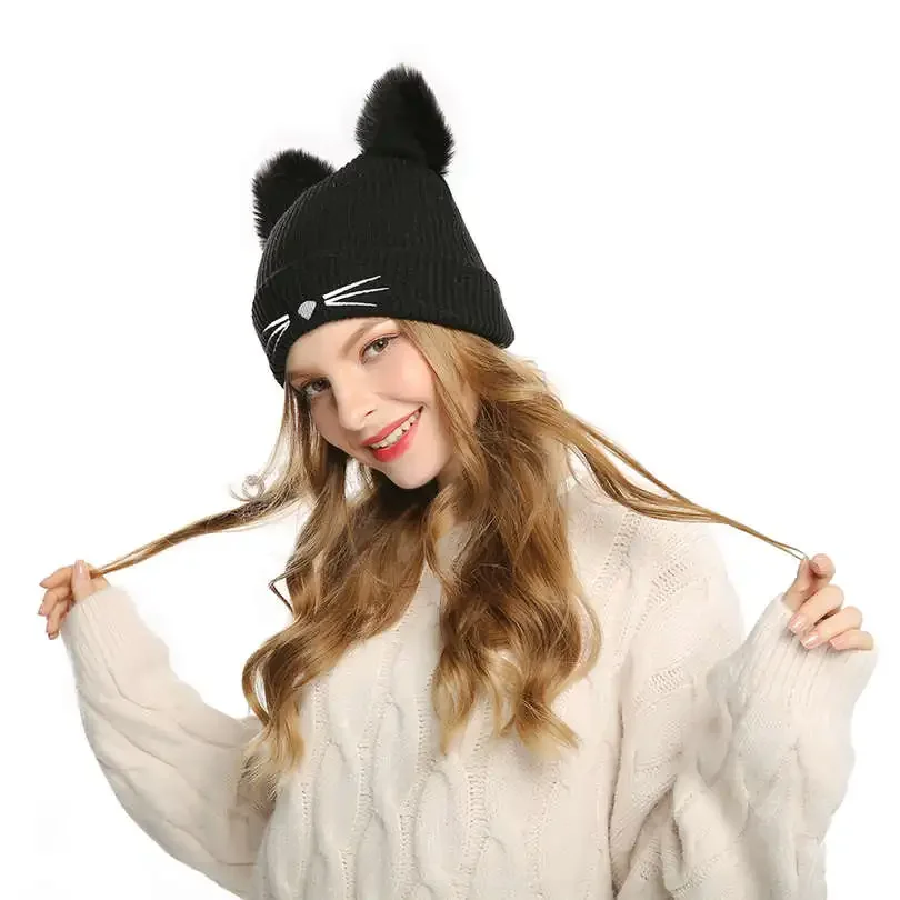 Winter Warm Hats for Women's Cat Ears Skullies Hat Black Hats Hot Drilling  New Beanies Girls Rhinestone Outdoor Cap Head