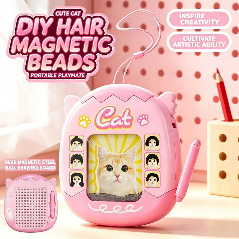 Hot Portable Cute Cat Magnetic Drawing Board Toy, DIY Hairstyle Design Magnetic Bead Playset, for Birthday Christmas Present