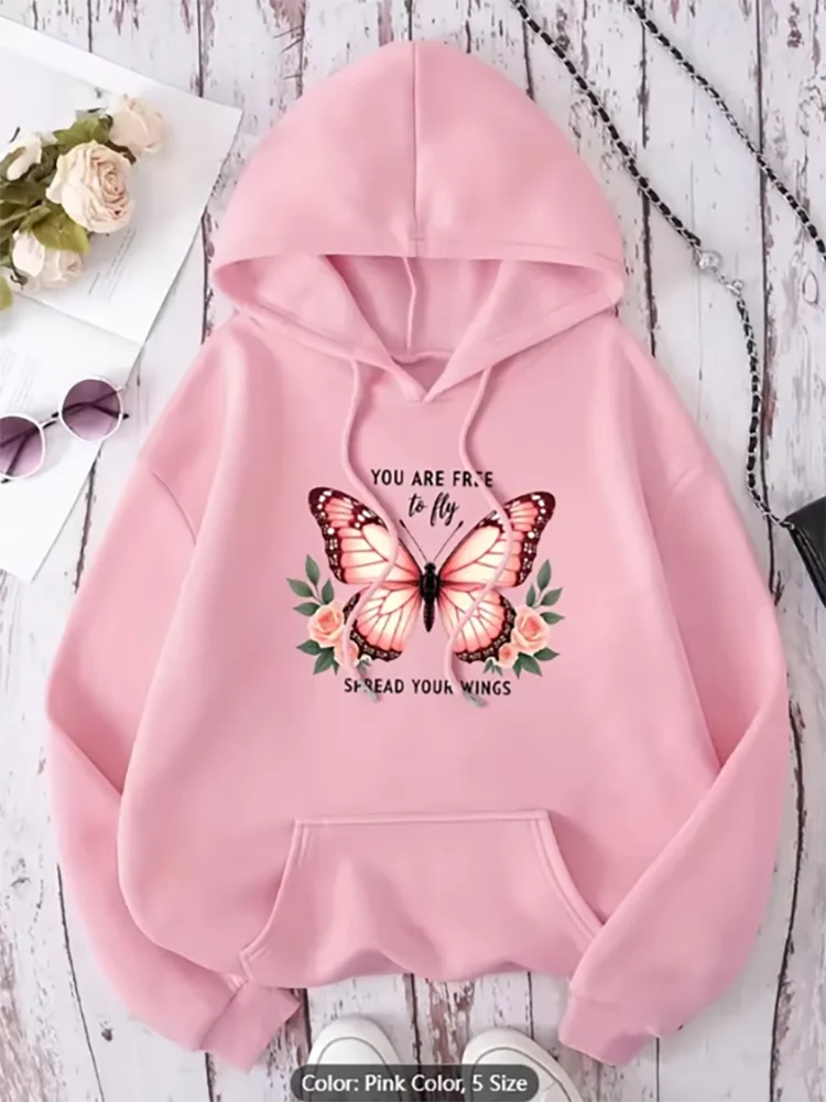 Womens Pink Hoodie Butterfly You Are Free to Fly Graphic Print Casual Oversized Drawstring Hooded Sweatshirt Pure Cotton