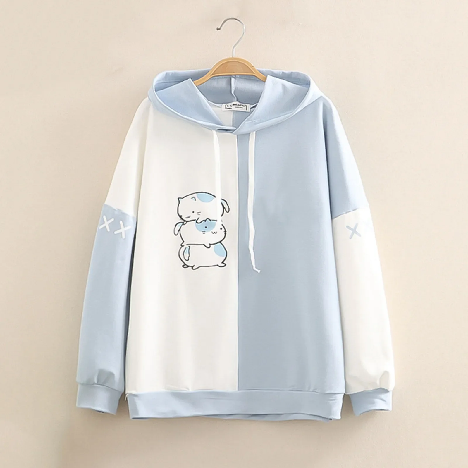 Harajuku Hoodies Cartoon Cat Printed Hooded Baby Blue Sweet Sweatshirt Autumn Casual Warm Female Cute Kawaii Top Tracksuit