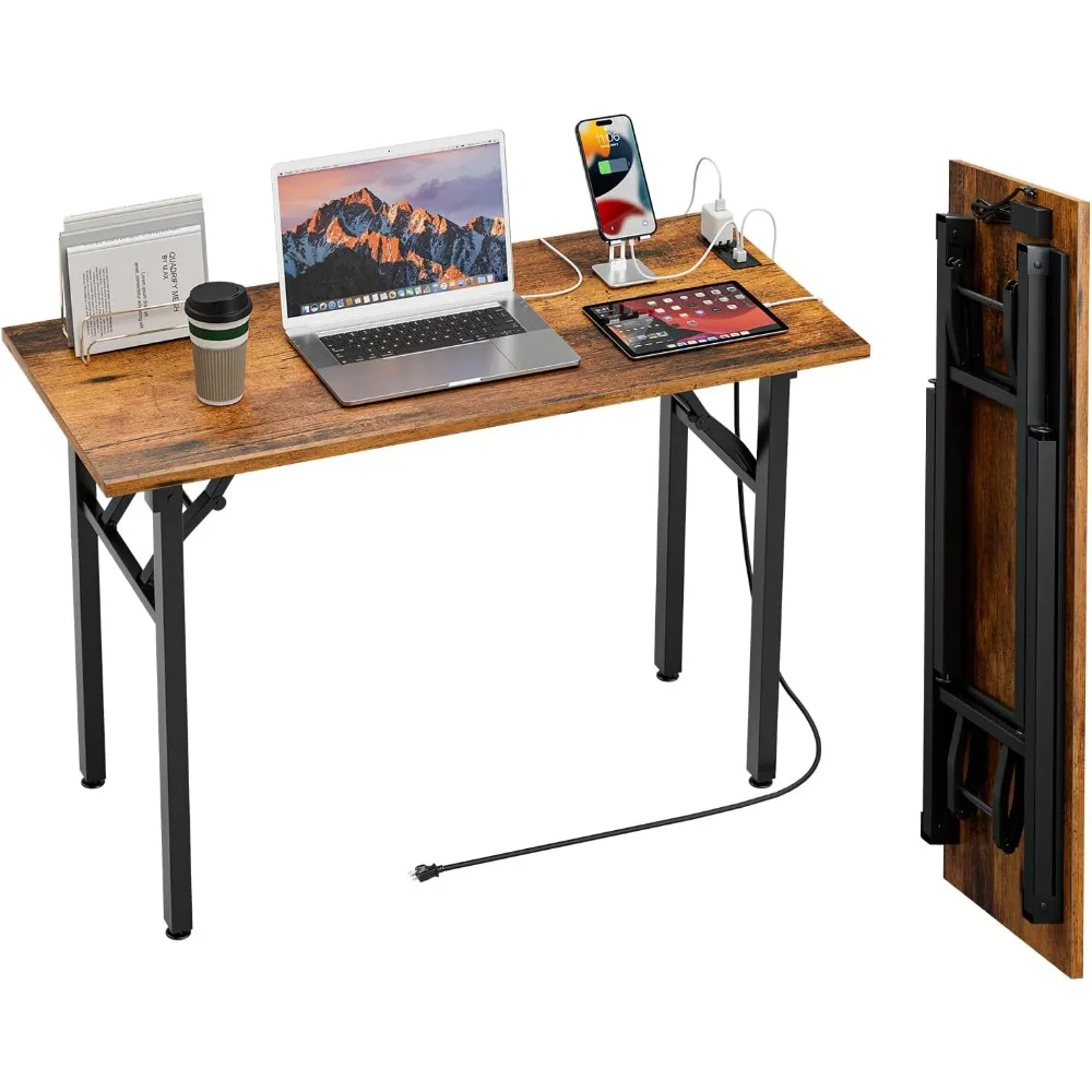 

Small Computer Desk Folding Table - No Assembly, Compact 44.3" Foldable Desk with Power Outlets & USB Charging Port, Portable S