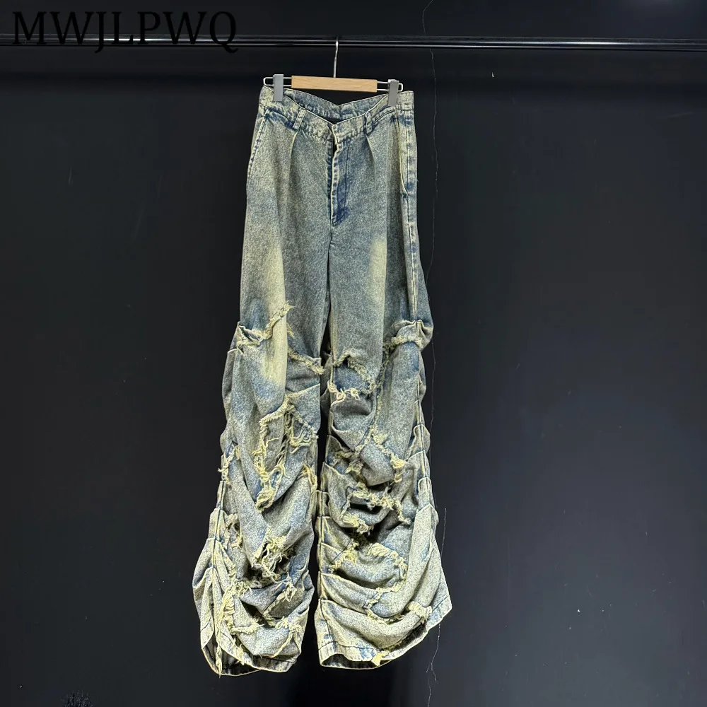 

Мужские рваные джинсы MWJLPWQ с эффектом потертости, дизайнерские, с необработанным краем, весна-осень, свободный крой, повседневные расклешенные брюки 14413