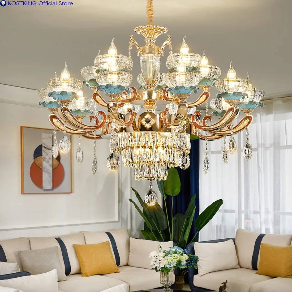 New European Crystal Ceramic Lamp Modern Light Luxury Living Room Bedroom Dining Room Villa Duplex Building Chandelier