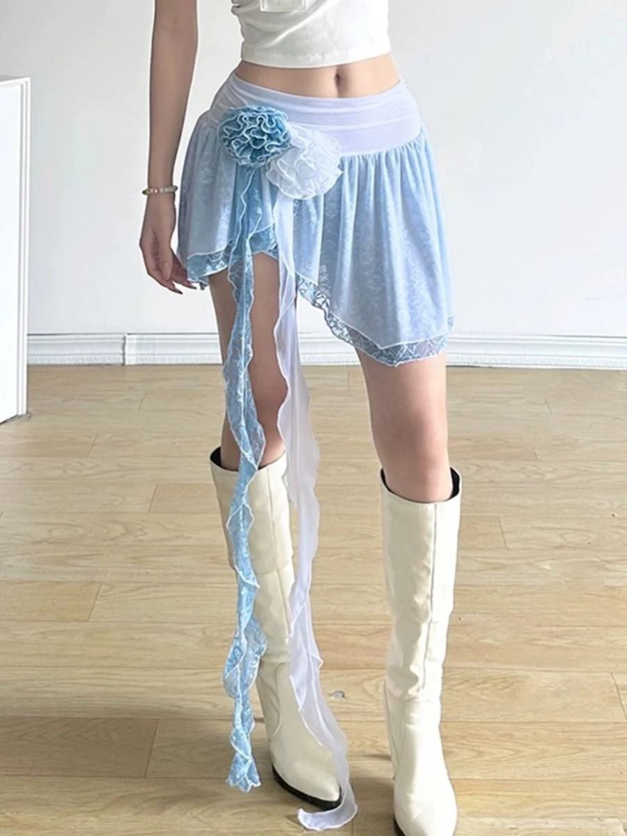 Ballet Style Floral Lace Half Skirt Color Block Tulle Slimming Asymmetrical Hem Korean Style Commute Polyester A-Line Short S...