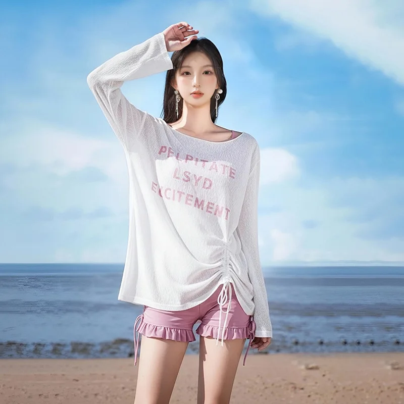 Women's Bikini Set  Blue Mesh Letter Print Long Sleeve Cover Up Red Gingham Drawstring Shorts Summer Beach Bathing Suit Swimwear view 5