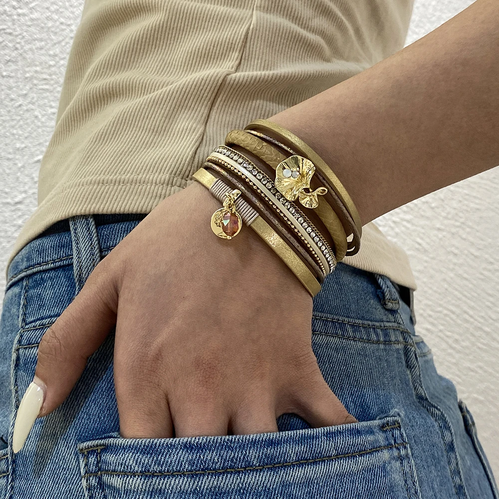 ALLYES Vintage Ginkgo Leaf Leather Bracelets for Women Men Tree of Life Pendant Crystal Multilayer Wrap Bracelet Charm Jewelry