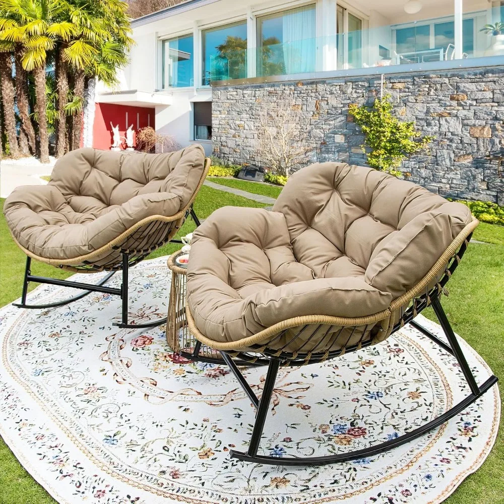 

Oversized Papasan Rocking Chair Set of 2 Indoor Outdoor 450lbs, Brown Wicker Royal Rocking Egg Chair with Brown Thick Cushion,