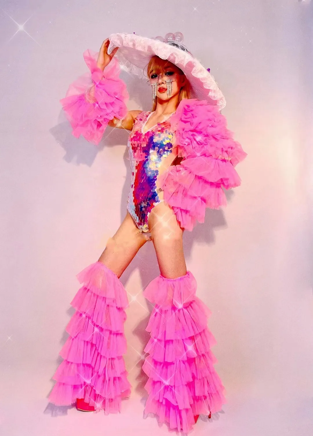 Bar Nightclub Singer Dancer Sexy Stage Wear Pink Scale Sequins Bodysuit Gauze Leg Cover Rave Outfit Party Drag Queen Costume