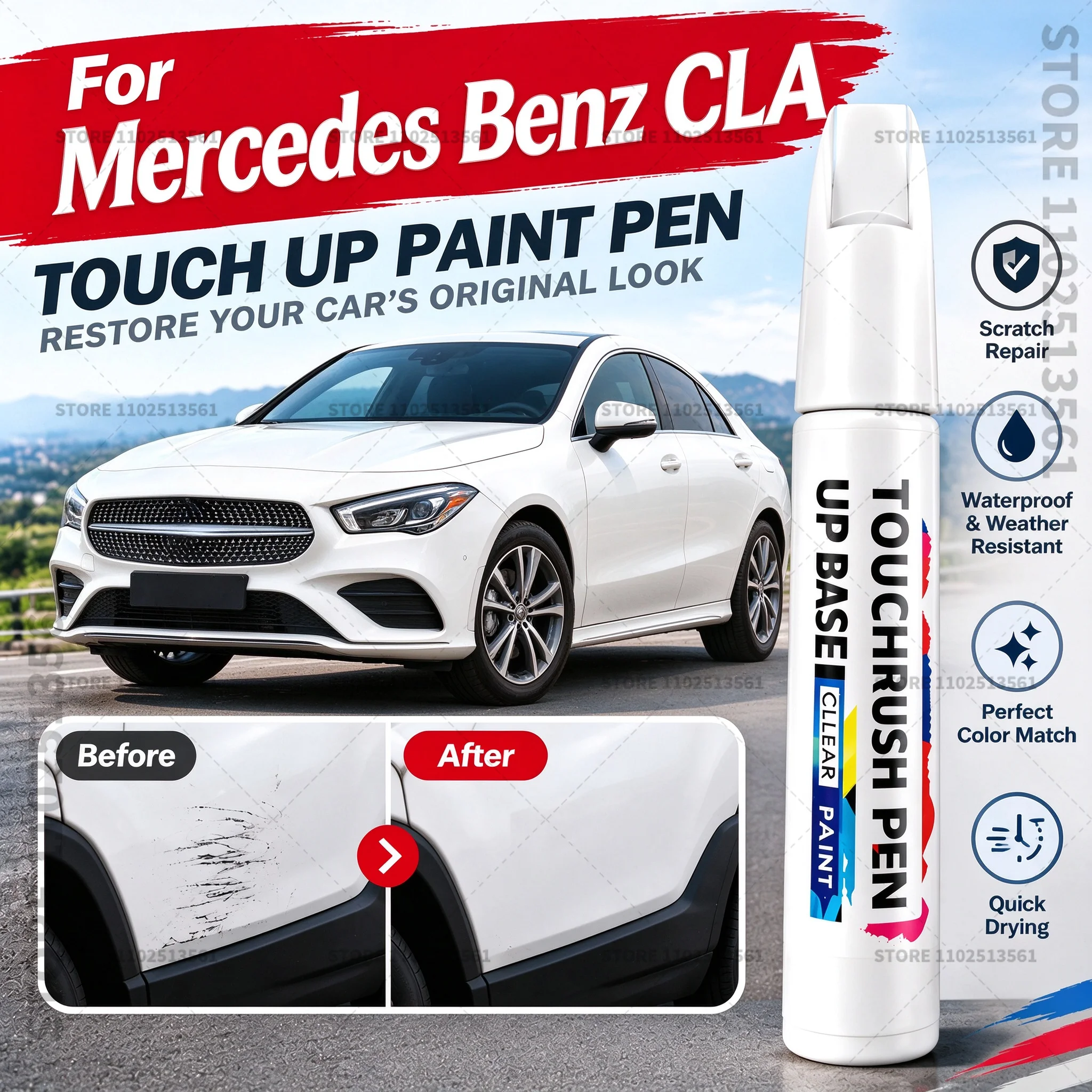 For Mercedes Benz CLA White Car Scratch Remover Paint Pen Touch Up Marker for Auto Body Repair Door Bumper Fender Accessories
