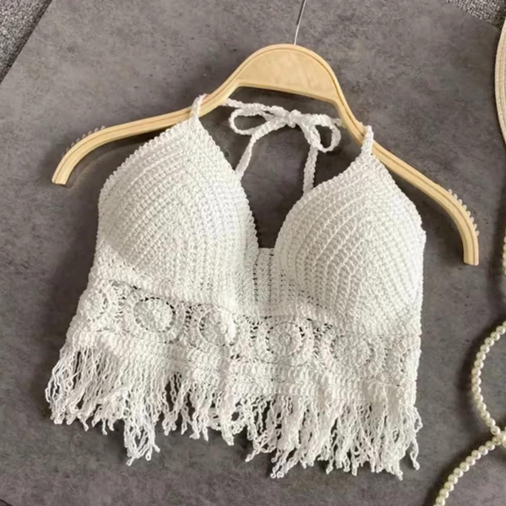 Women Crochet Halter Crop Top Boho Floral Hollow Knit Camisole Built In Bra Back Lace Up Short Sleeveless Summer Beach Tank Top