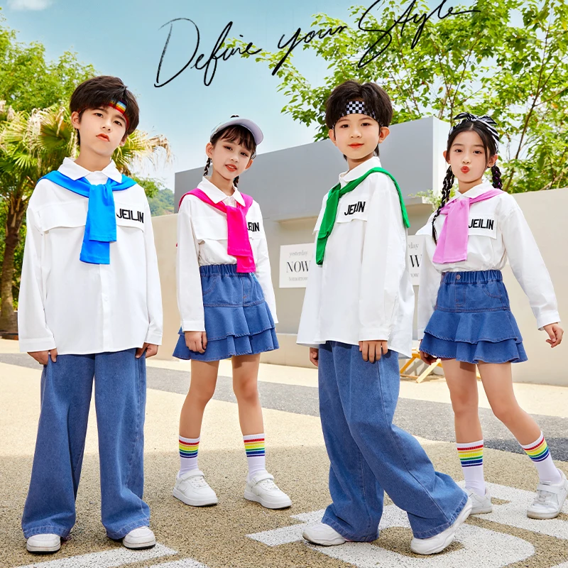 Hip Hop Girls Sweet Denim Skirts Boys White Shirt Street Dance Pants Child Jazz Denim Pants Outfits Kids Cheerleading Clothes