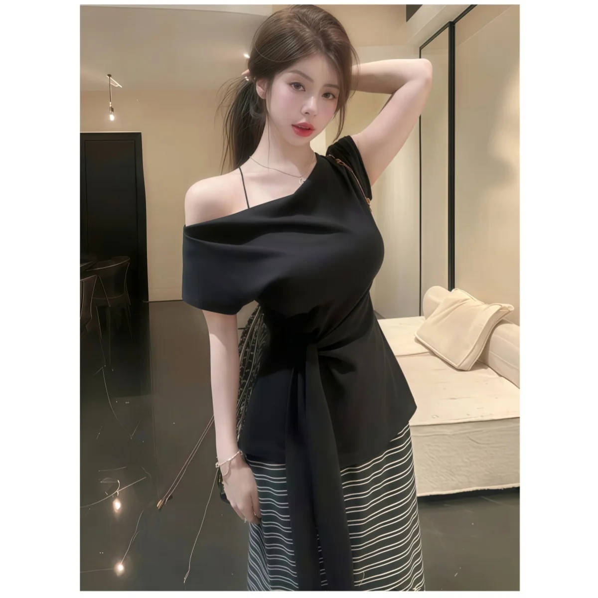 Summer Korean Style Women's Set V-neck Belted Waist Top Stripe Halftime Skirt High-end Small Capital Set Casual Sportswear