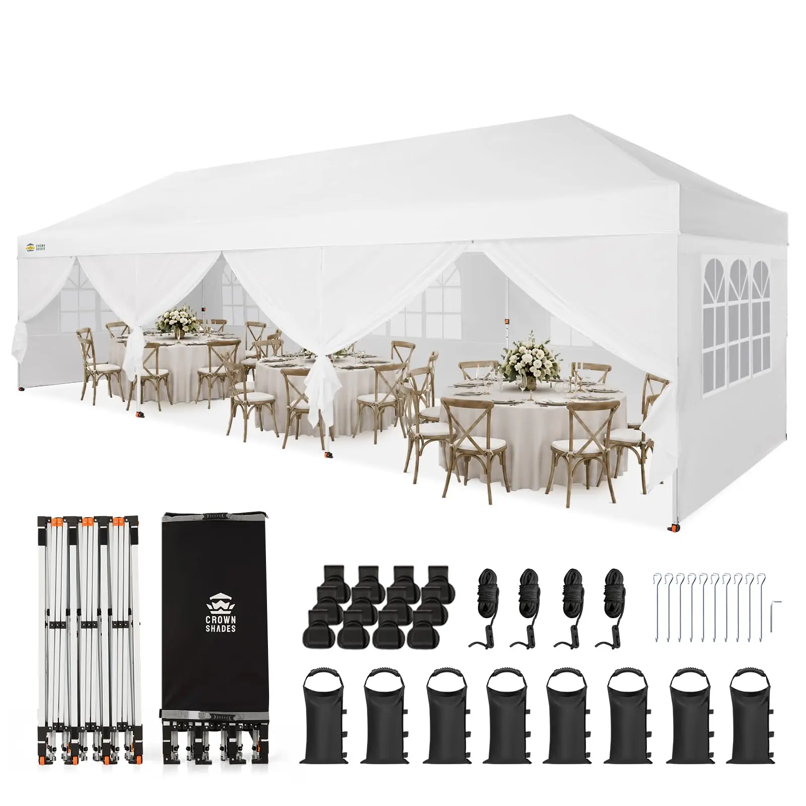 10X30 Pop Up Canopy, Outdoor Commercial Canopy Tent, White | 400D PU Fabric, CENTERLOK, STO-N-GO Bag, with 8 Sand Bags