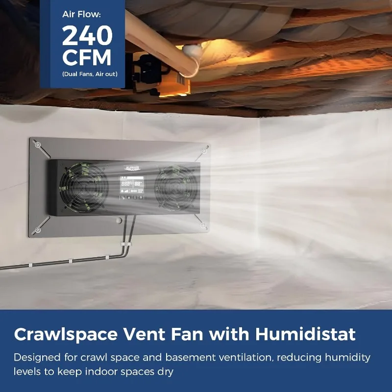 ALORAIR Crawlspace Ventilation Fan, Fan vent with Temperature Humidity Controller, Timing Cycle, Speed Control, 240CFM (Air-out)