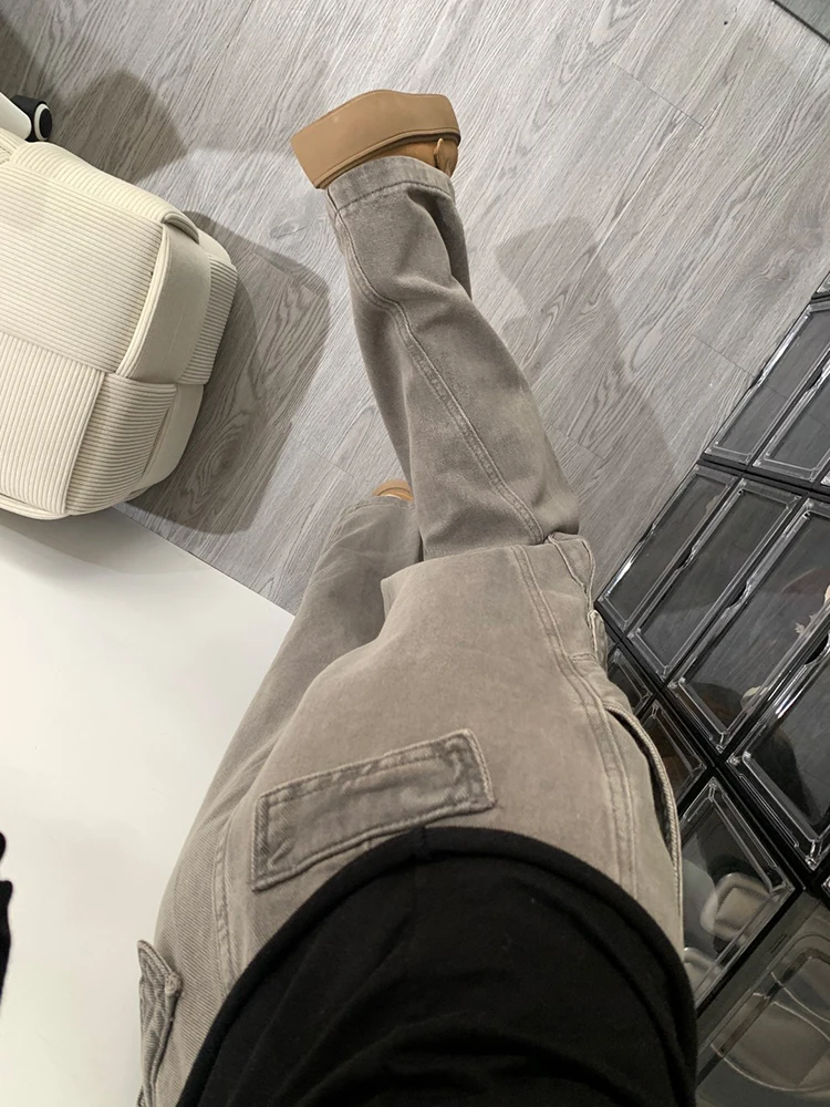 Amerikanische Retro-Multi-Komponenten-Arbeitskleidung Denim-Hose mit Hoher Taille, Geradem Bein, Bodenlang, Lose Weite Hose für Damen