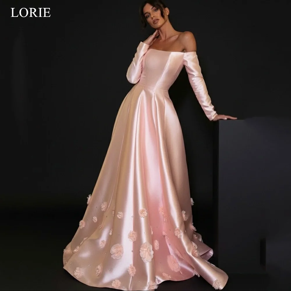 

LORIE Elegant Pink Flower Satin Party Dresses Off The Shoulder Full Sleeve Evening Prom Dress Draped A-Line Prom Gown Customized