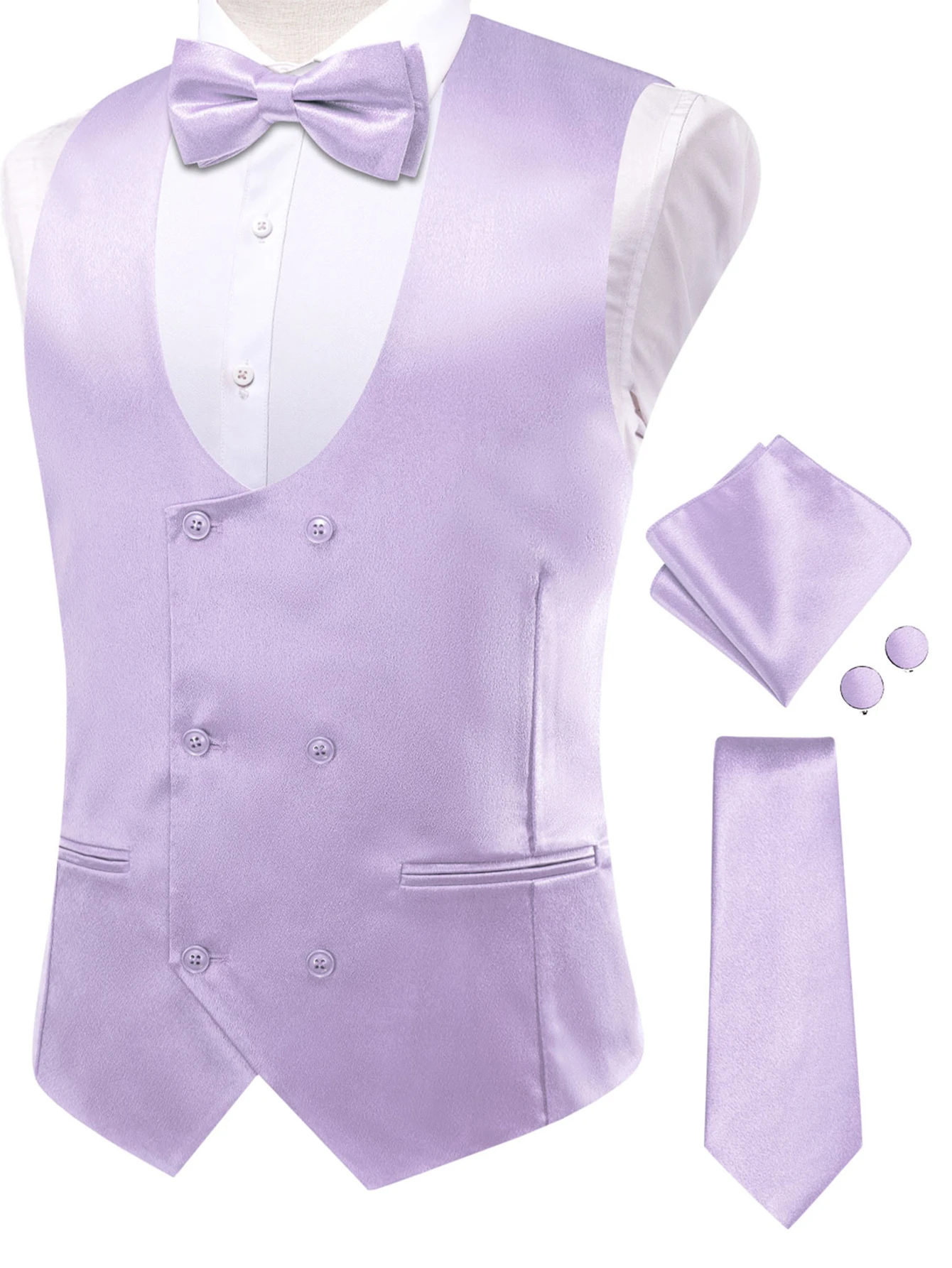 Men's Solid Color U-Neck Suit Vest with Bow Tie Neck Tie Pocket Square Cufflinks Five-Piece Set Waistcoat for Wedding Date Party