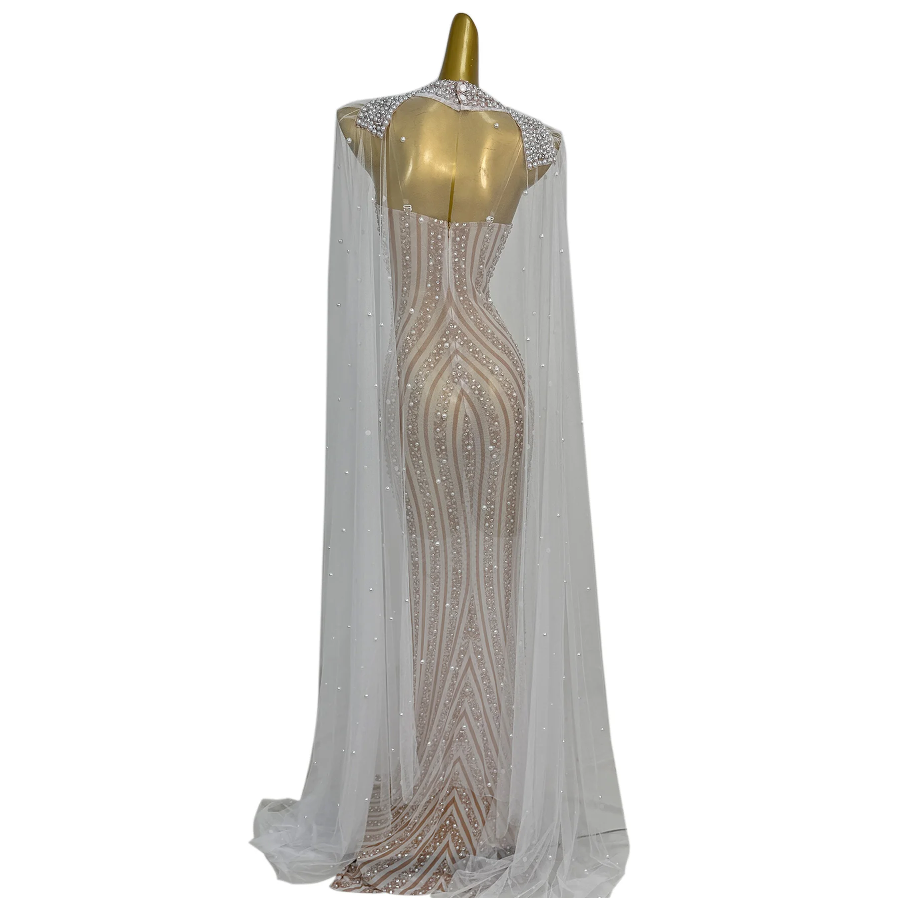 Pixing النساء فستاين سهرة/فساتين الحفلات تألق اللؤلؤ المياه الماس معلقة الرقبة الأبيض شبكة عباءة فستان فاخر مأدبة فستان حفلة عيد ميلاد #4