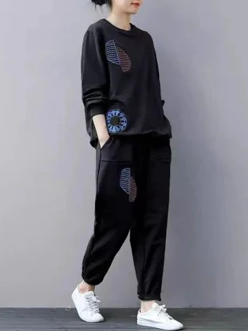 

New Fashion Casual Sportswear Set Women's Spring Autumn round Neck Sweatshirt Wide Leg Pants Two Piece Loose Slimming