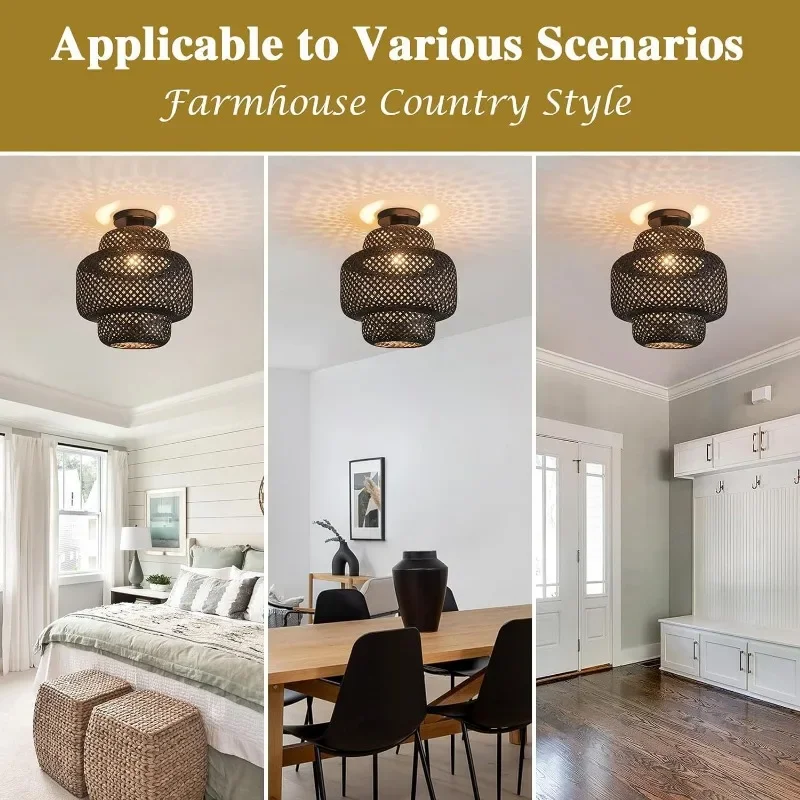 1pc Bohemian Handwoven Rattan Flush Mount Ceiling Lamps Fixture Mid-Century Farmhouse Style Woven Basket Lampshade Ceiling Light