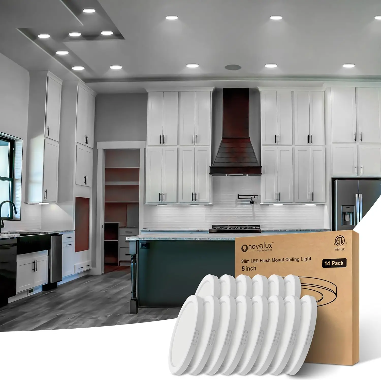 Luz de teto LED Flush Mount, regulável com Etl Cert, 5000K branco, dispositivo elétrico redondo ultra fino, 5,4 polegadas