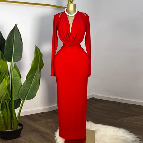 

2025 Women's Spring New Sweet and Fresh Solid Color Swing Collar Long Sleeve High Waist Hip Wrap Slimming Long Dress Dress