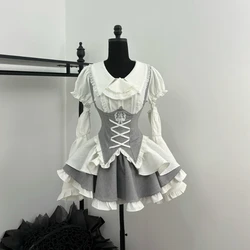 Aesthetic Elegant Japanese Kawaii Cute Lolita Skirt Sets Woman Sweet Lace Patchwork Shirt Top Slim Bandage Suspender Skirt Y2k