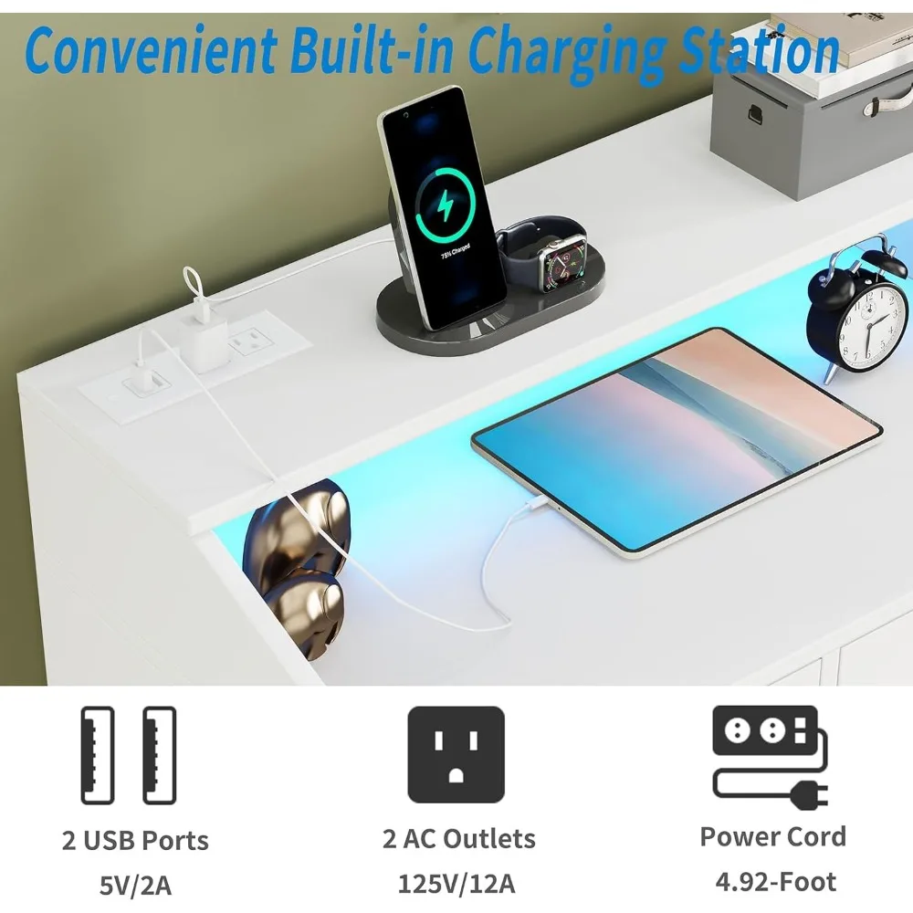 خزانة ملابس مقاس 55 بوصة ذات 10 أدراج مع قاعدة شحن وإضاءة LED - خزانة تخزين خشبية للمزرعة لغرفة النوم والمدخل والمكتب - S