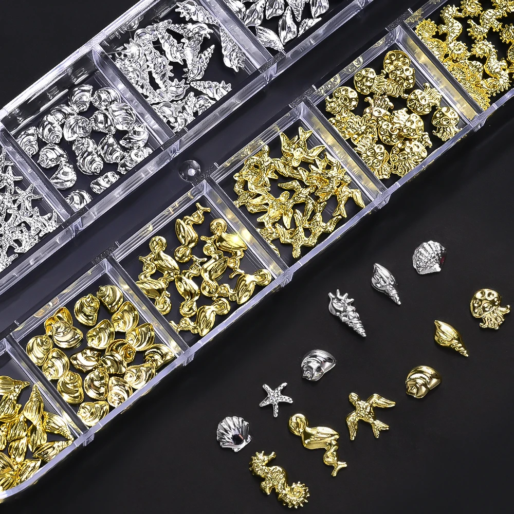 12Grid 3D Starfish Shell Metal Rivet Nail Charm Gold/Silver Ocean Jellyfish Conch Seahorse Alloy Slice DIY Nail Art Decoration