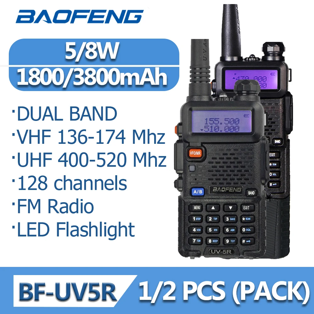 Baofeng UV-5R 5 واط 8 واط ثنائي النطاق 136-174/400-480 ميجا هرتز 1800 مللي أمبير 3800 مللي أمبير راديو اتجاهين محمول لاسلكي تخاطب