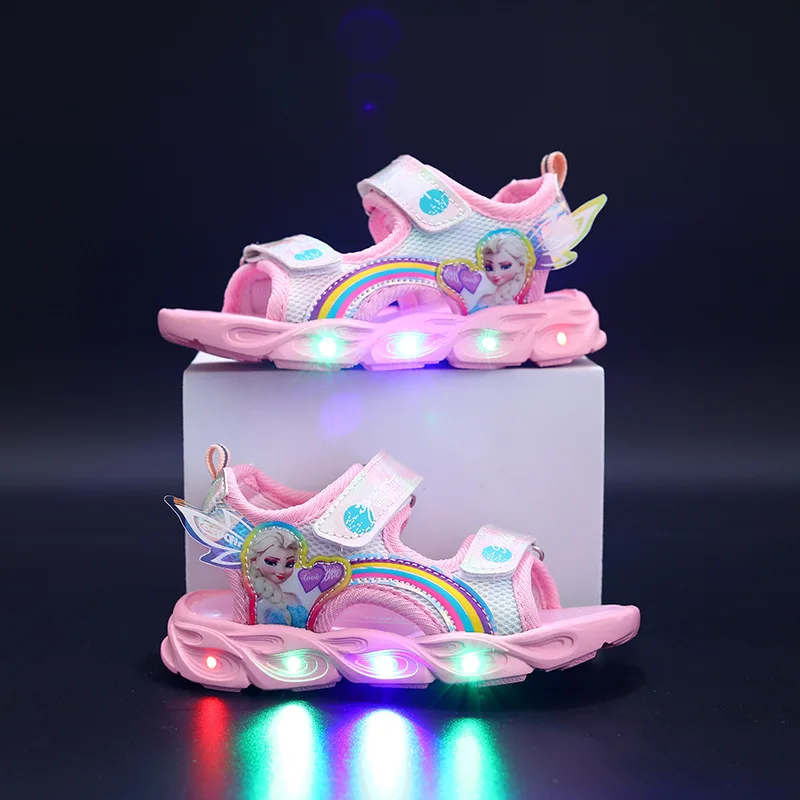 Sandali rosa Elsa per scarpe da ragazza Disney Cartoon Cute Baby Girl Beach sport sandalo moda illuminazione scarpe sandali per bambini