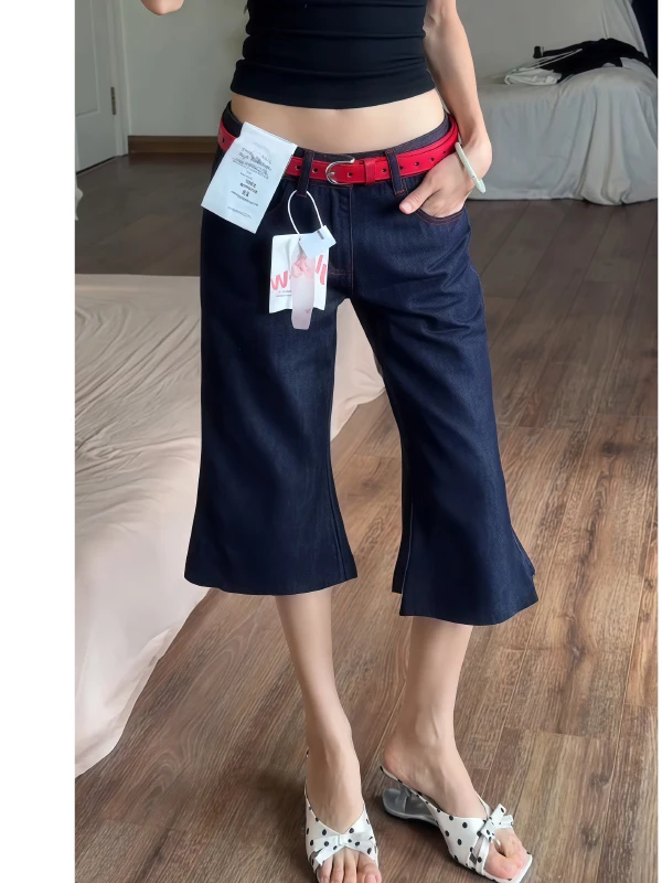

Low Waist Bell Bottom Jeans Women's Summer Slim Fit Casual Straight Leg Short Pants American Retro Style Seven Fractions
