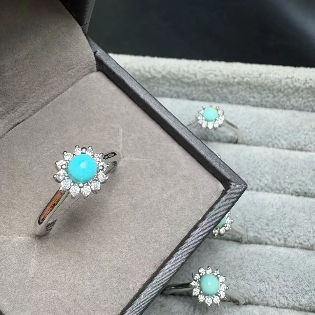 

1Pc Fengbaowu Natural Turquoise Ring 4MM Round Cabochon Reiki Healing Stone Jewelry Gift For Women