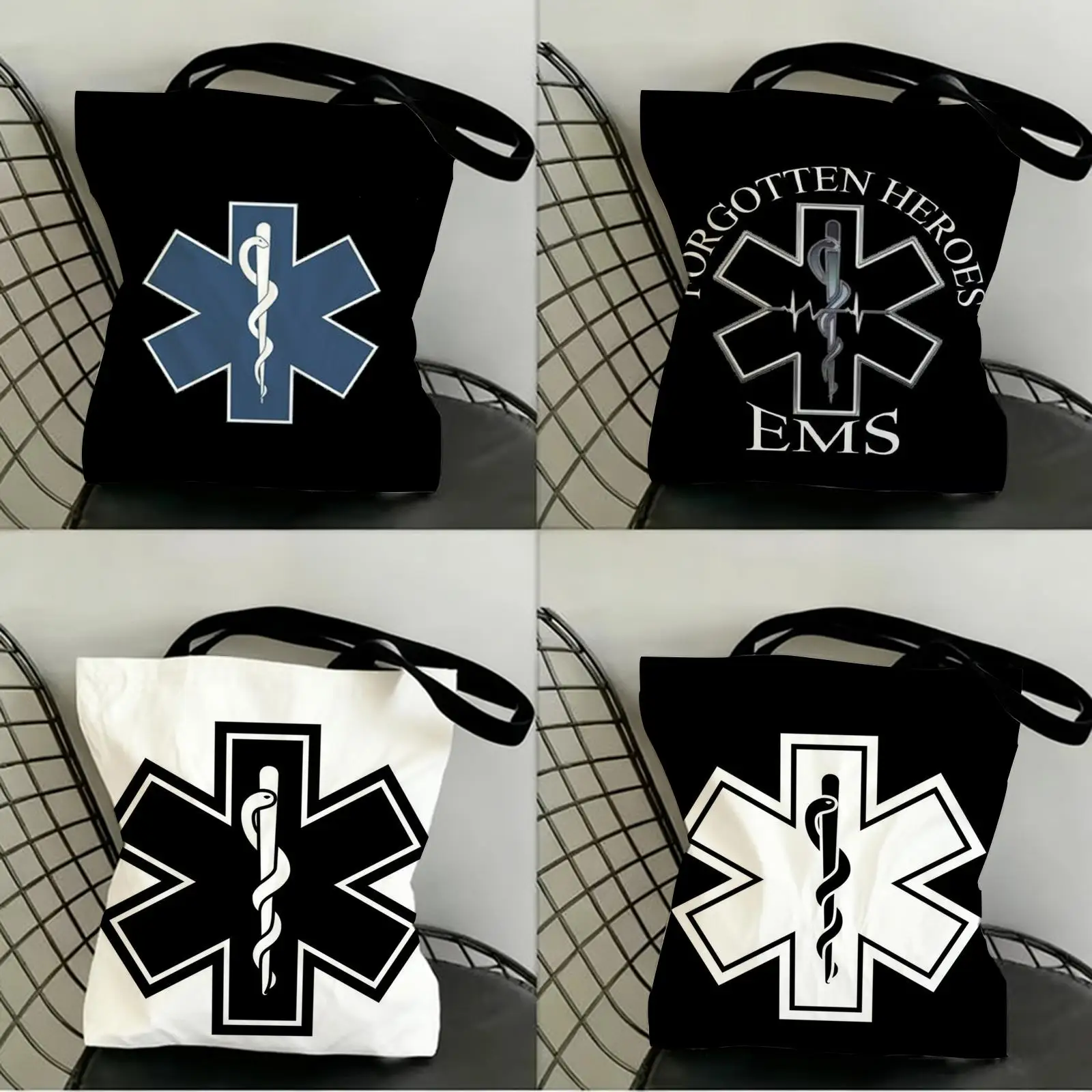 

E-EMT EMS Ambulance Storage Bags Canvas Double-Sided Print Fashion Shoulder Tote Shopping Bag Gift Eco Handbags