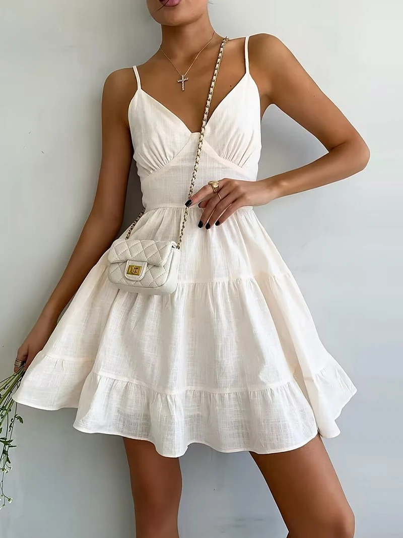 MSCSZ v 넥 하이 웨이스트 핏 앤 플레어 드레스 여성 스파게티 스트랩 a 라인 프릴 미니 드레스 화이트 코튼 여름 드레스