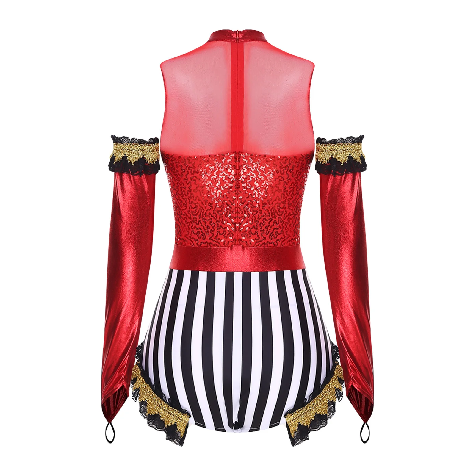 

Women Halloween Lion Tamer Cosplay Circus Ringmaster Costume Metallic Shiny Sequin Striped Dance Leotard Bodysuit with Gloves
