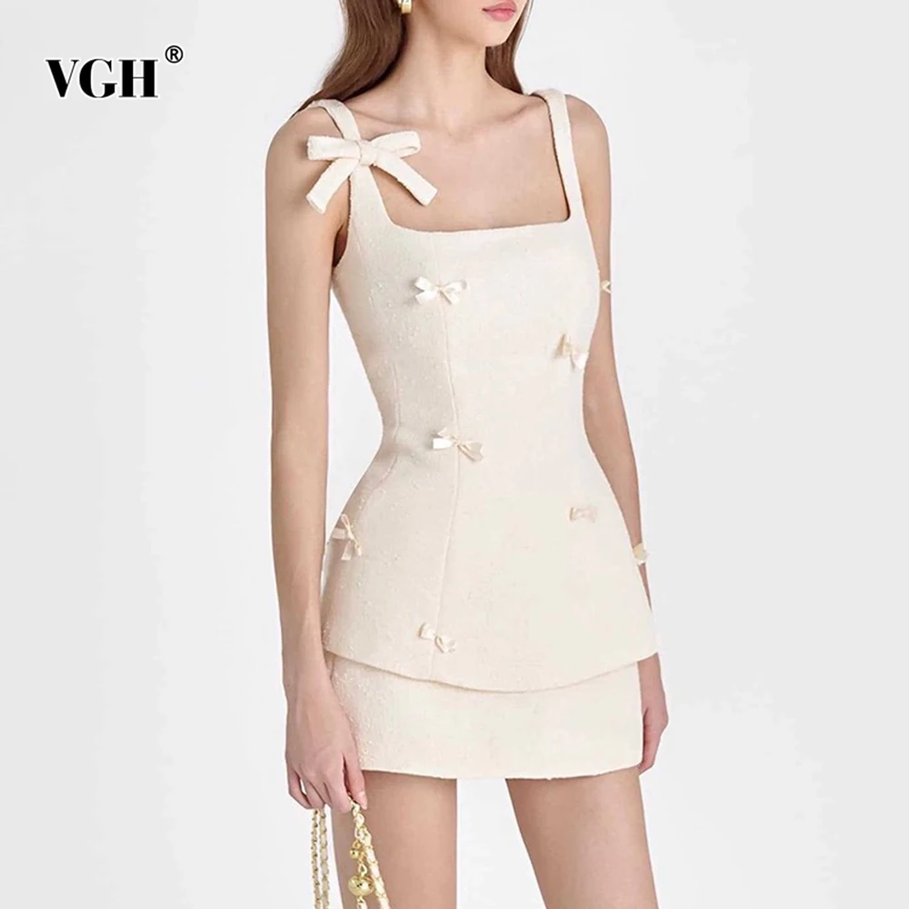 

VGH однотонные утягивающие милые комплекты из двух предметов для женщин, квадратный воротник, без рукавов, топ с бантом, юбка с высокой талией, шикарный женский комплект