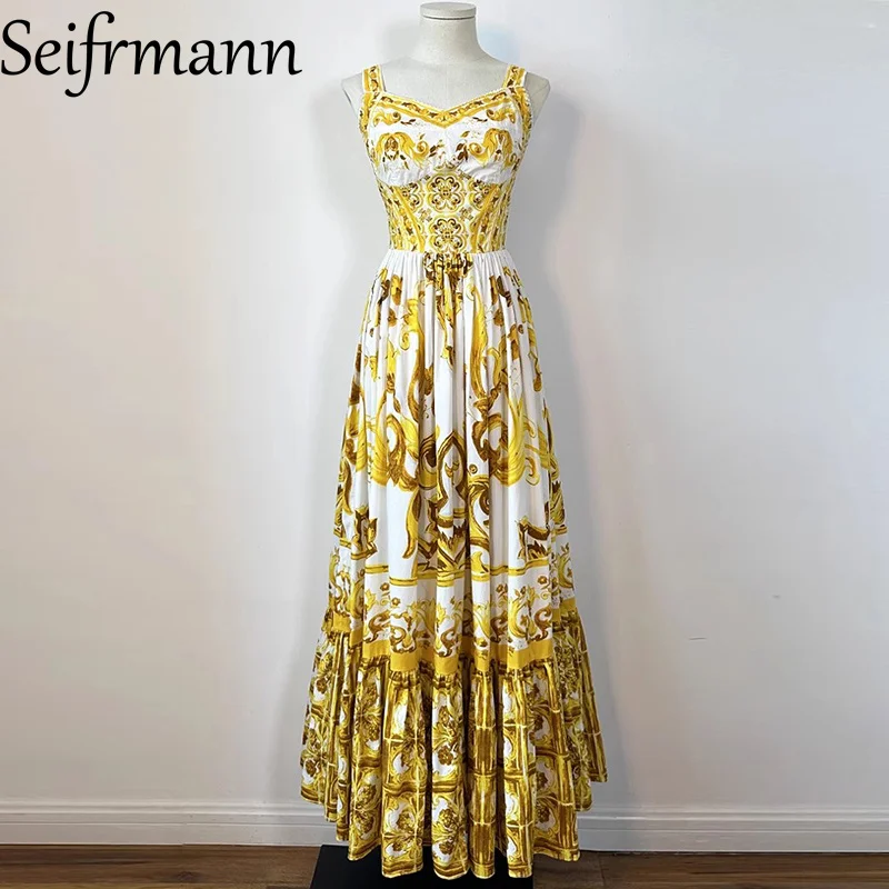 Seifrmann Fashion design Women's Party Dress Spaghetti Strap Backless Print Temperament A-Line Pleated Dresses