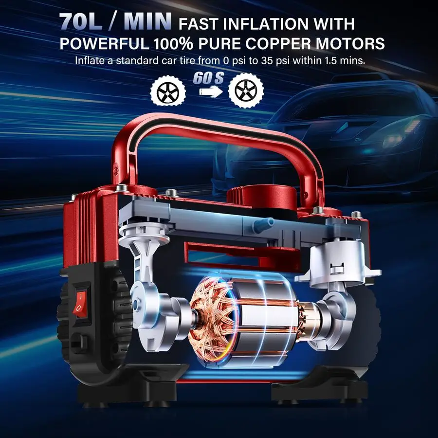 

6X быстрый накачивающий насос для шин, сверхмощные двойные цилиндры с портативной сумкой, автомобильные аксессуары, металлический воздушный компрессор 12 В, насос 150