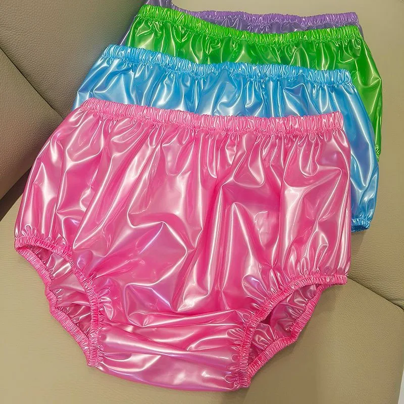 Men Woman Glossy Candy Color PVC Thick Soft Plastic Pants ABDL High Waist Waterproof Loose Diaper Briefs Incontinence Panties
