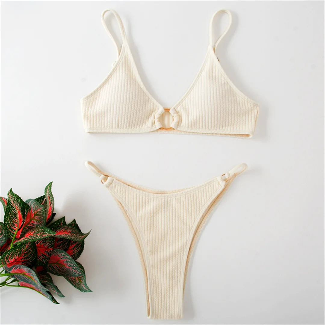 Gerippter Metallring-Bikini, zweiteiliger Damen-Badeanzug, Damen-Badebekleidung, hoch geschnittene Beine, gepolsterter Badeanzug, Badeanzug, Schwimmkleidung V7120 – Detail 5