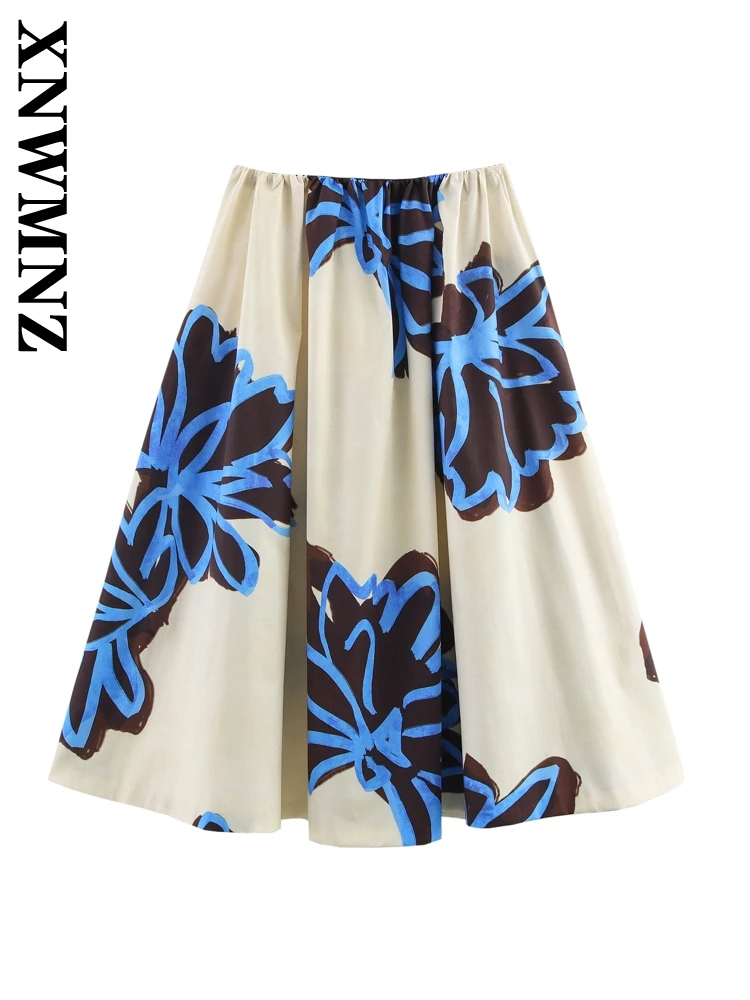 

XNWMNZ, новинка лета 2023, женская гламурная юбка трапециевидной формы, острый женский низ с высокой талией и оборками, обычная юбка-миди с цветочным принтом