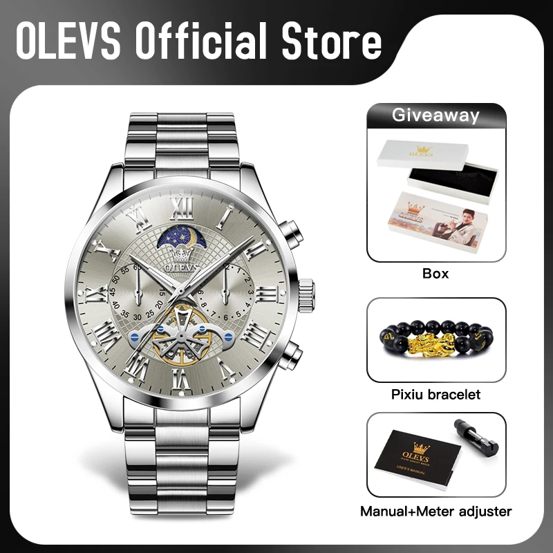 OLEVS 3640 Mens Watch Original Multifunctional Chronograph Quartz Watch Waterproof Luminous Watch For Men Moon Phase Mens Gifts