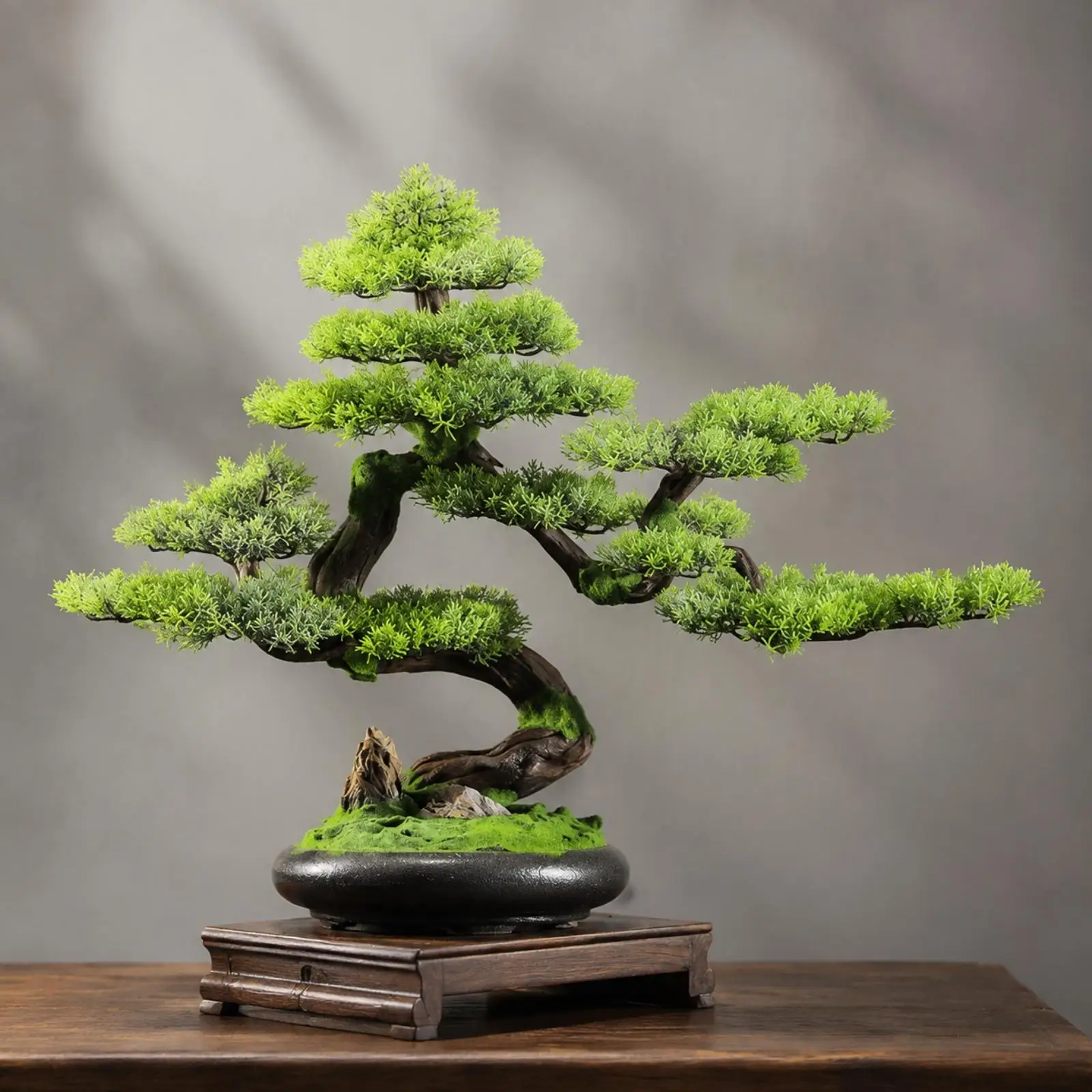 Pine Bonsai Decorative Artificial Plant with Black Oval Wooden Base for Tea Table and Workspace Styling