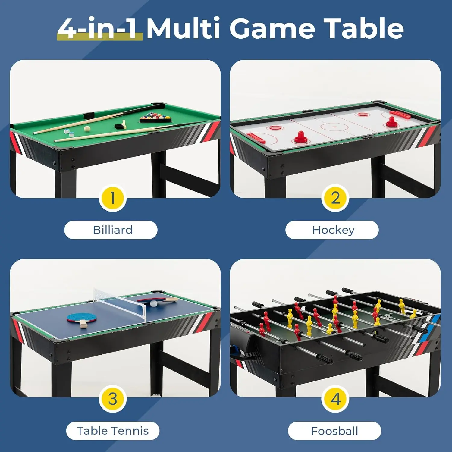 49" Multi Game Table, 4 in 1 Game Table with Foosball Table, Pool Billiards, Air Hockey & Table Tennis, Complete Combination